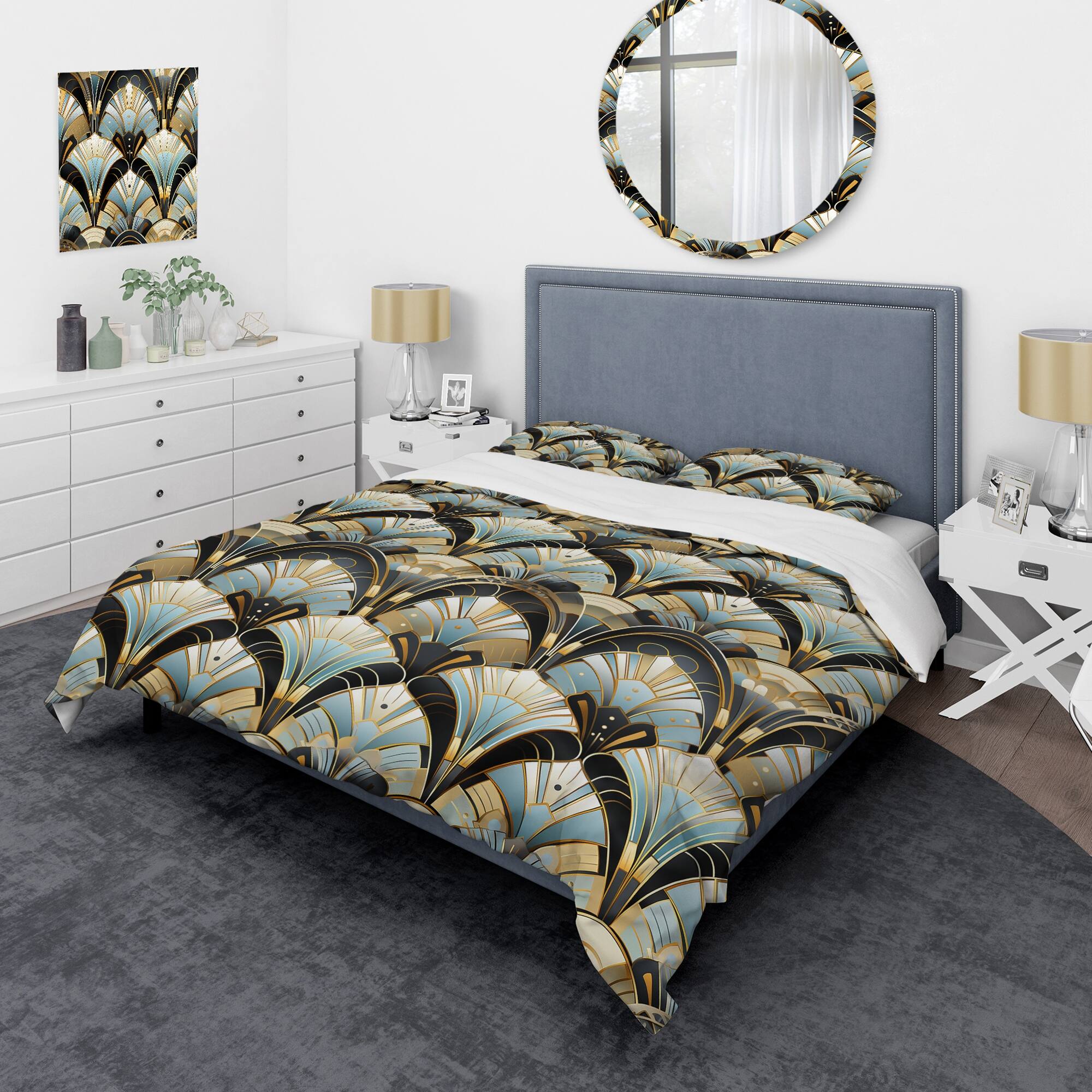Designart "1970S Blue And Gold Damask Art Deco I" Gold Damask Bedding Set With Shams Bed Bath
